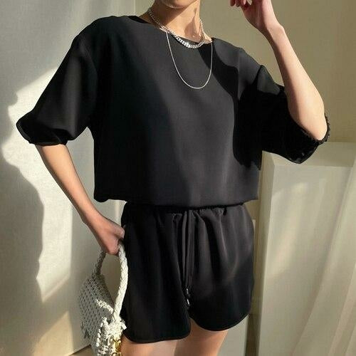 Two Piece Sest Summer Simple O Neck Loose Five-point Sleeve Shirt with